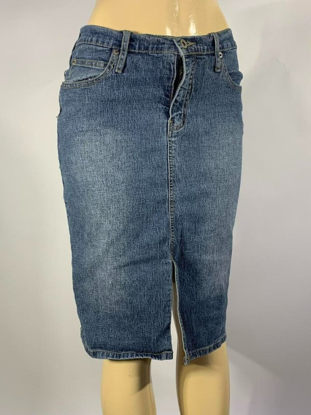 Y2K Denim Midi Skirt Low Rise Knee Length Jean Skirt Size 9